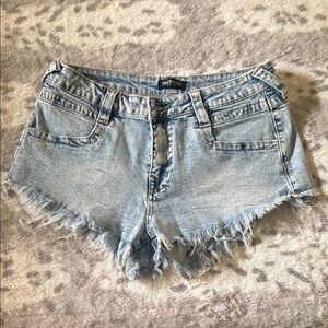 True Religion Blue Jean Shorts with Distressed Frayed Hem